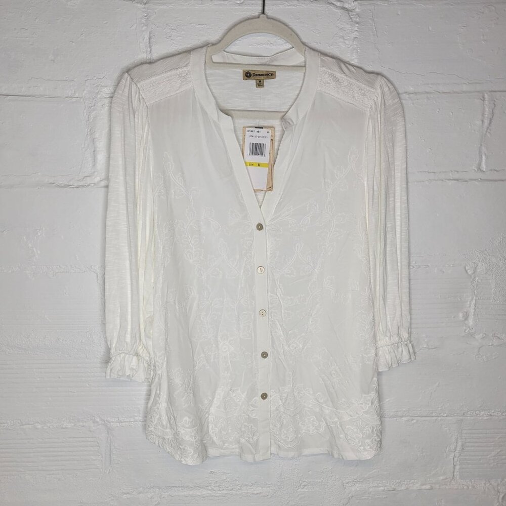 Democracy White Button-Down Embroidered Peasant Blouse